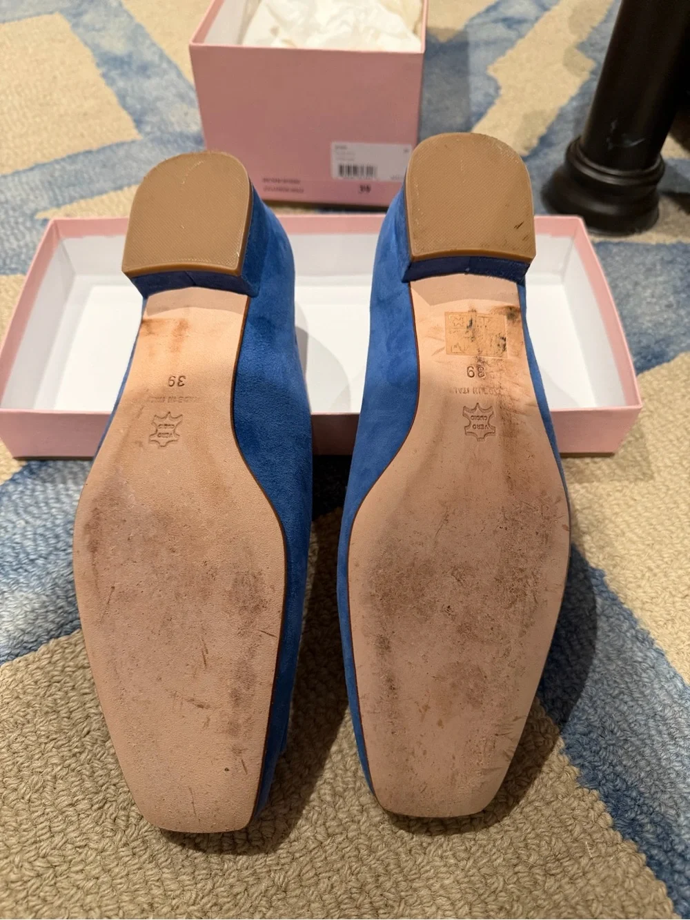 ANN MASHBURN Blue Suede Square-Toe Flats with Suede Buckle